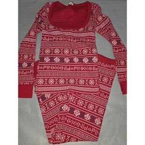 Victoria's Secret PINK Logo Red Thermal Pajama Set M Fair Isle 2pc Top Bottoms
